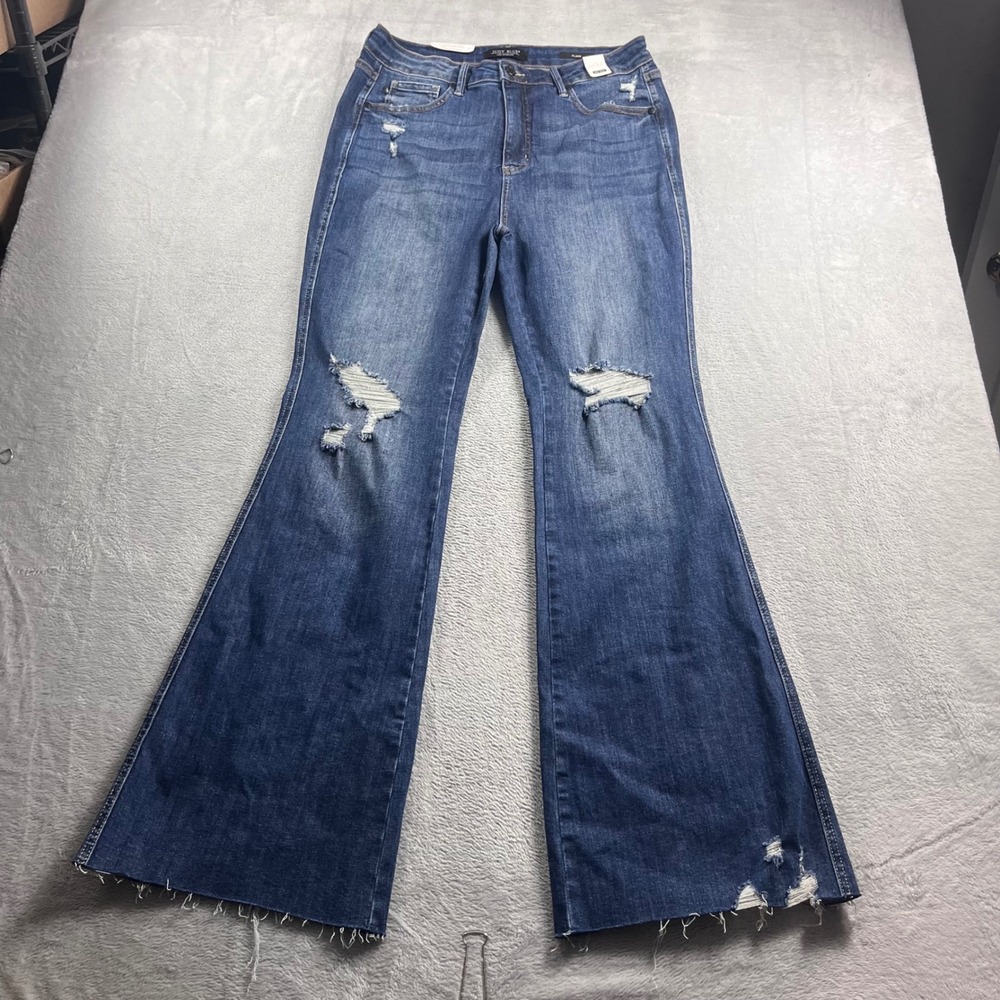 Judy Blue High Waist Flare Jeans Distressed Raw Hem Dark Wash JB88739 15/32